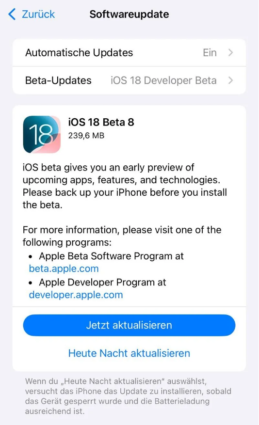 天元苹果手机维修分享苹果 iOS / iPadOS 18 开发者预览版 Beta 8 发布 